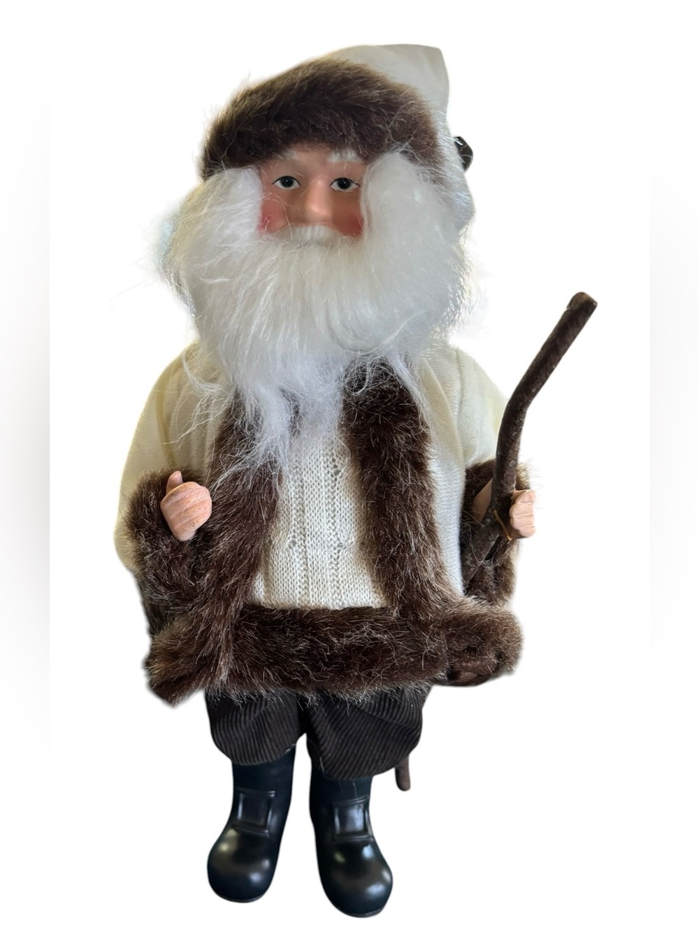 Bearded Woodsman 12” Santa Figurine Ivory Coat W/Fur Trim Pants & Boots Winter